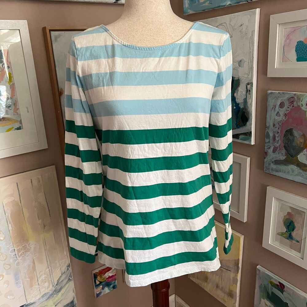 Boden Blue Green Striped Long Sleeve Cotton Top Preppy Coastal Casual Size 10